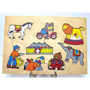 Vtg Circus  Wooden Puzzle 10 Pieces Kids Nursery Decor Lion Clowns Big Top
